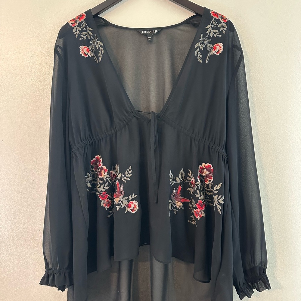 Express Black Floral Embroidered Women's Top